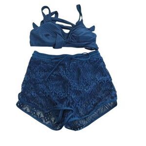 Modlily Women's Size Large Peacock Blue Surplice Lace Shorts Set